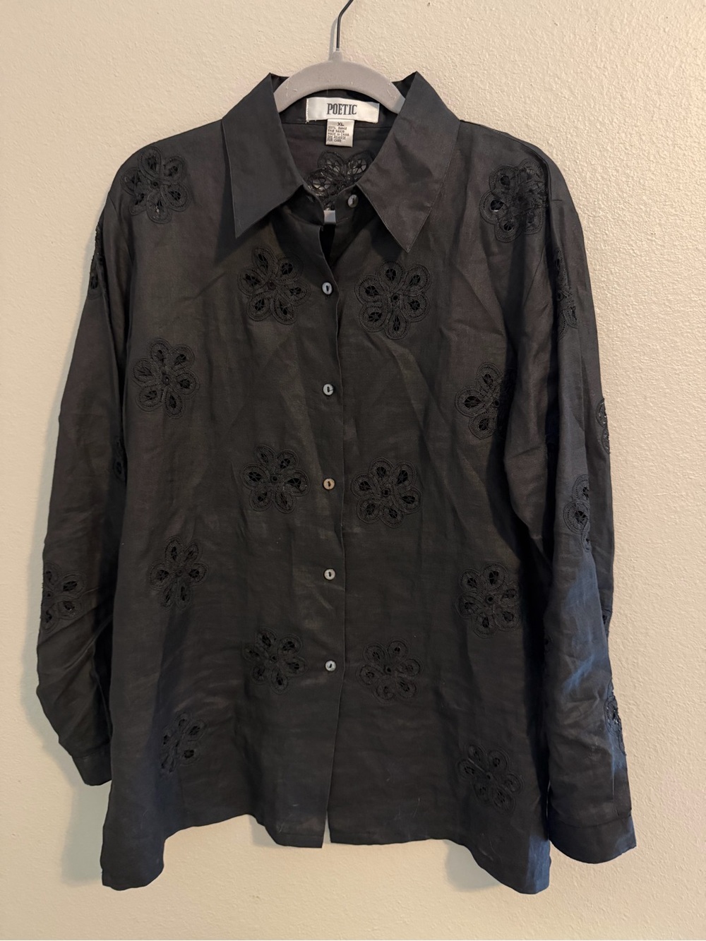 Vintage Poetic Black Ramie Cutwork Floral Button Up Blouse Size XL Artsy